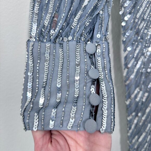 Mac Duggal Silver Sequin Long Sleeve V Neck Elegant Evening Gown Black Tie‎ 10 - Picture 12 of 14